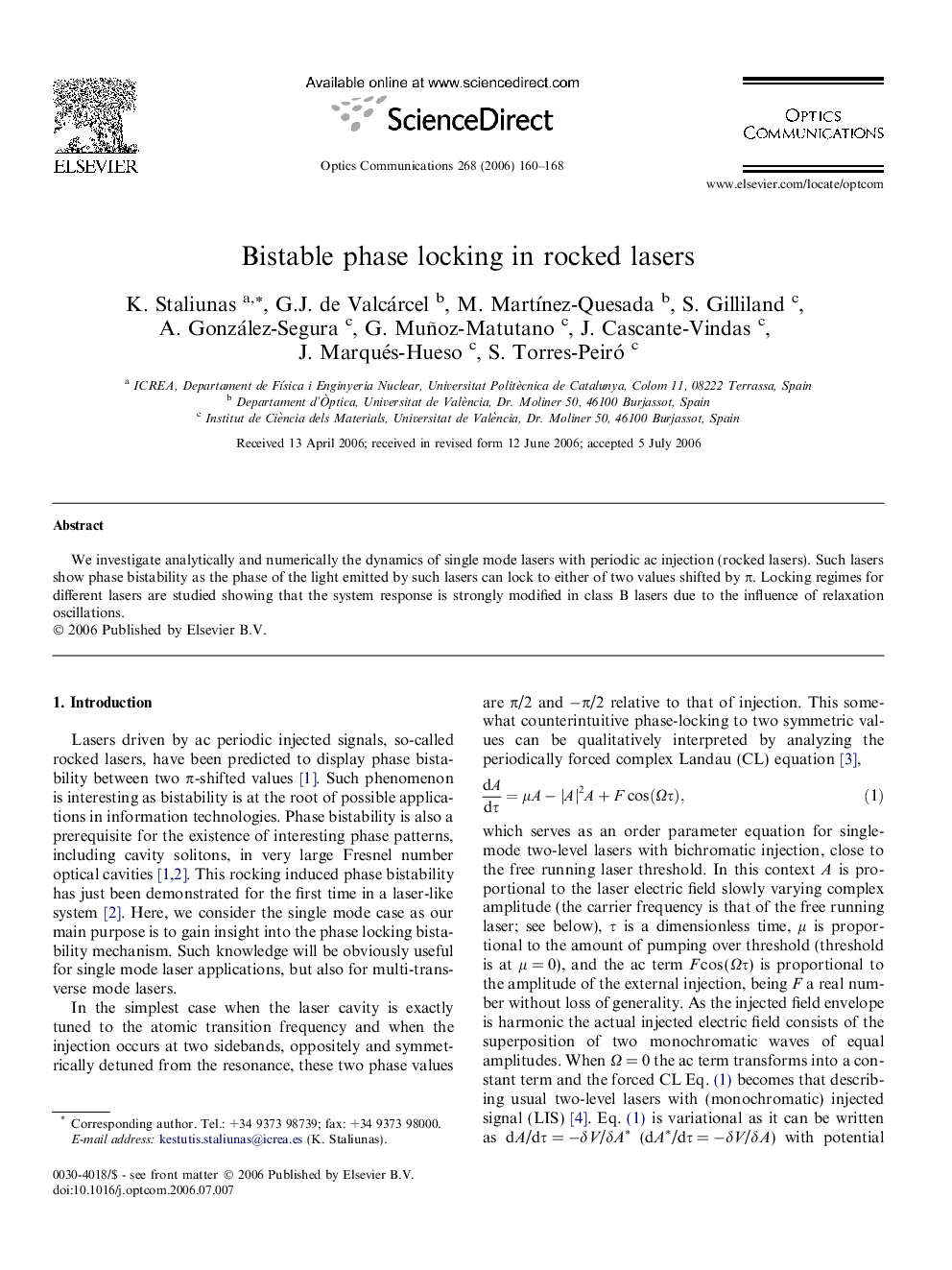 عکس صفحه اول مقاله: Bistable phase locking in rocked lasers Bistable phase locking in rocked lasers