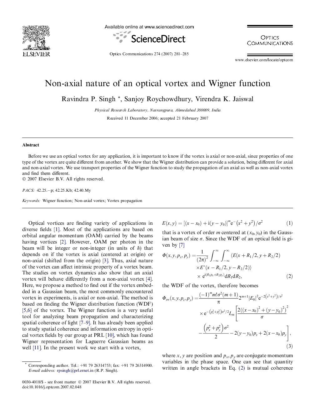 Non-axial nature of an optical vortex and Wigner function