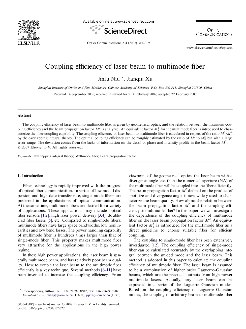 Coupling efficiency of laser beam to multimode fiber