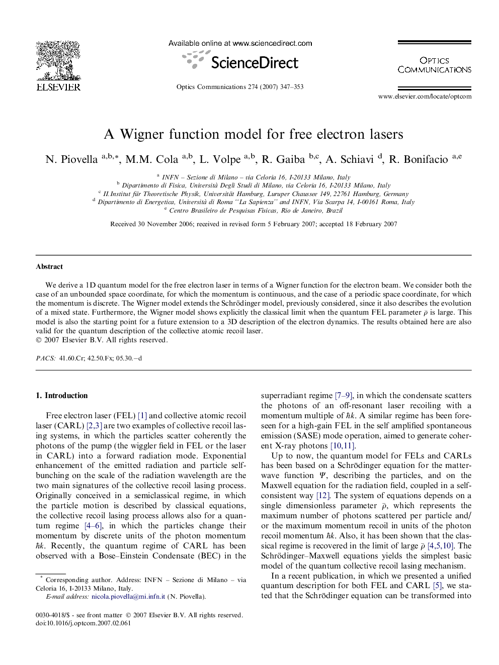 A Wigner function model for free electron lasers