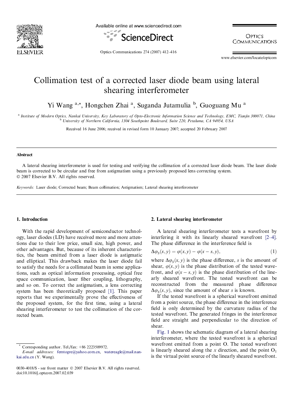 Collimation test of a corrected laser diode beam using lateral shearing interferometer