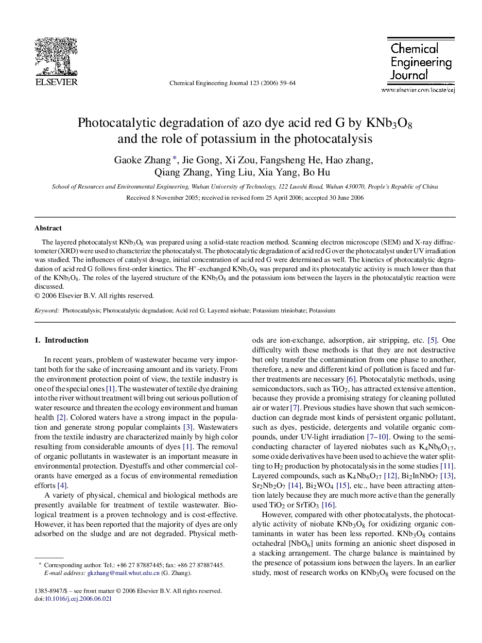 عکس صفحه اول مقاله: Photocatalytic degradation of azo dye acid red G by KNb3O8 and the role of potassium in the photocatalysis Photocatalytic degradation of azo dye acid red G by KNb3O8 and the role of potassium in the photocatalysis