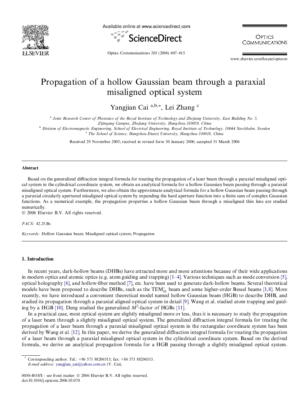 Propagation of a hollow Gaussian beam through a paraxial misaligned optical system