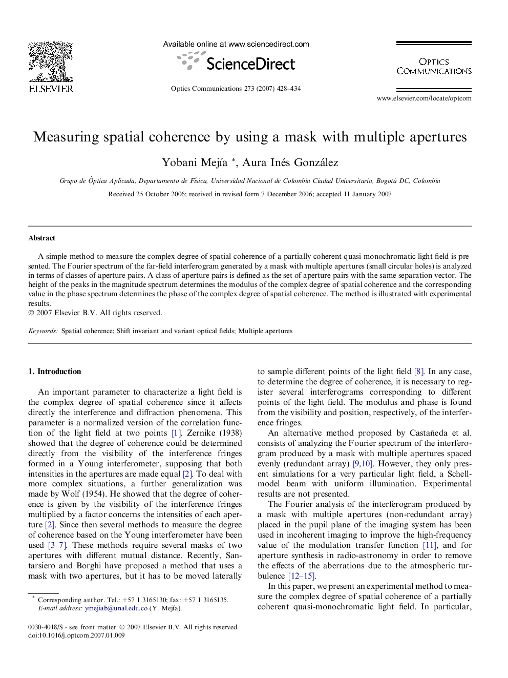 Measuring spatial coherence by using a mask with multiple apertures