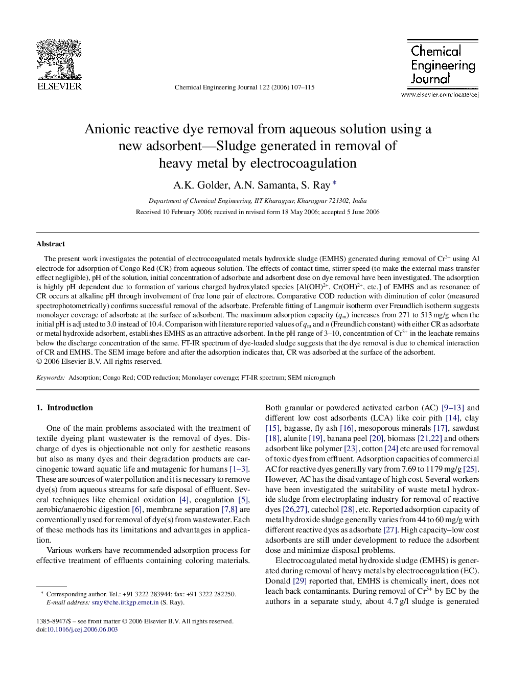 Anionic reactive dye removal from aqueous solution using a new adsorbent—Sludge generated in removal of heavy metal by electrocoagulation