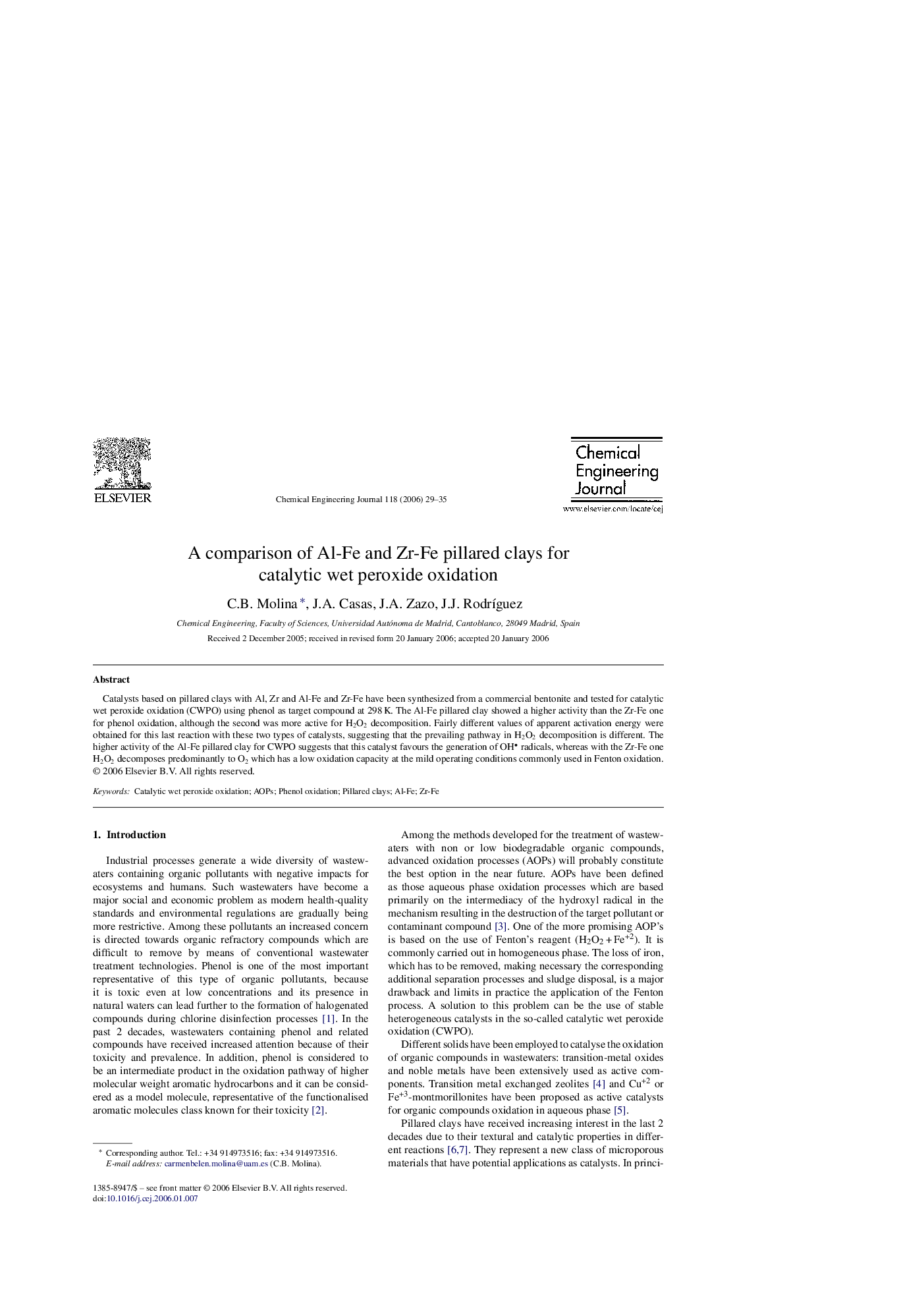 A comparison of Al-Fe and Zr-Fe pillared clays for catalytic wet peroxide oxidation