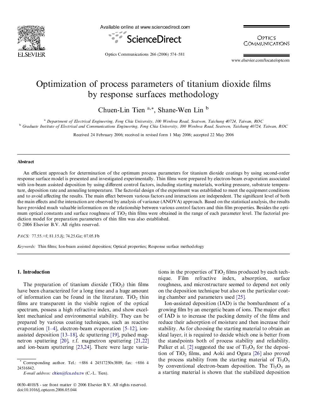 Optimization of process parameters of titanium dioxide films by response surfaces methodology