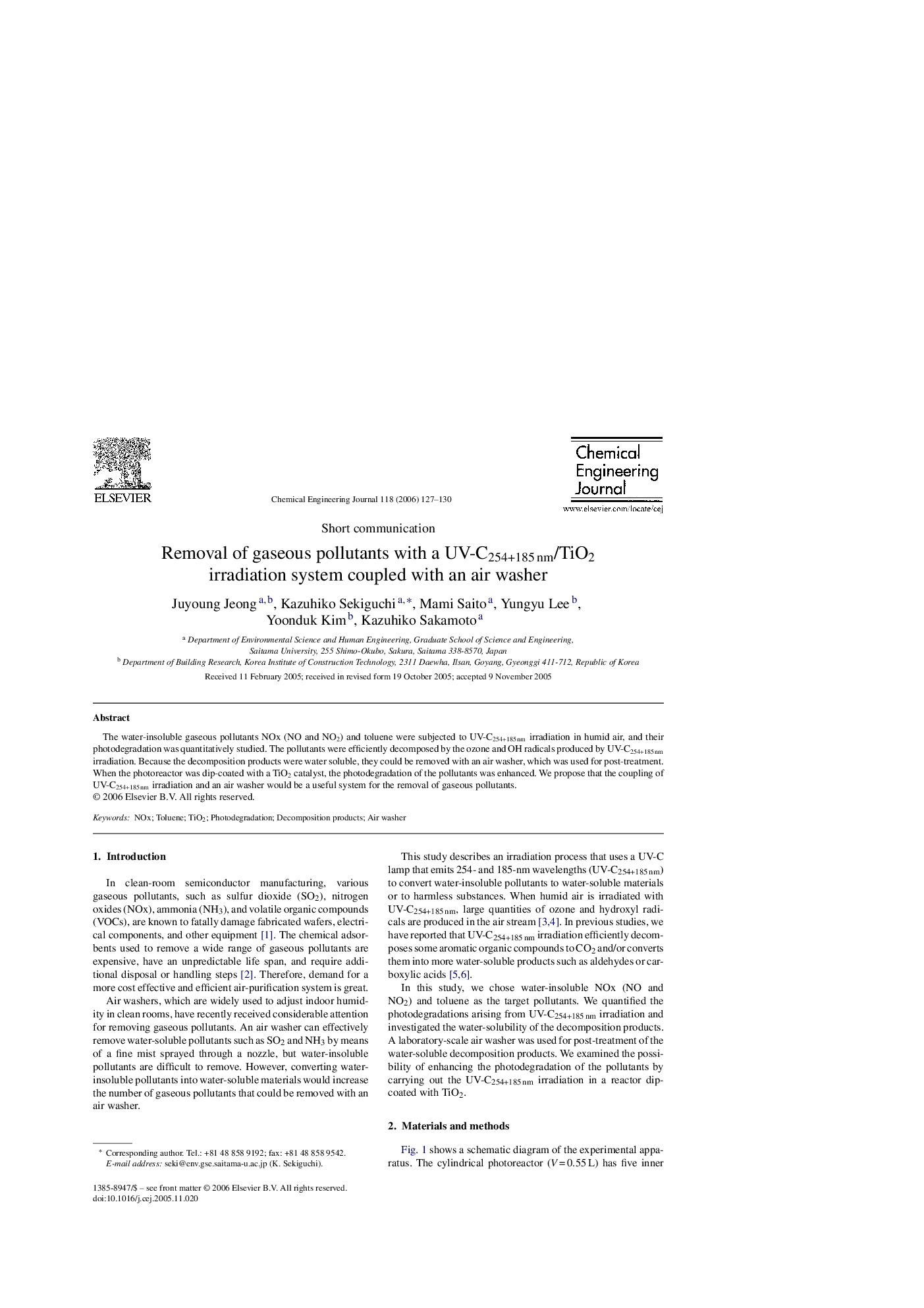 Removal of gaseous pollutants with a UV-C254+185 nm/TiO2 irradiation system coupled with an air washer