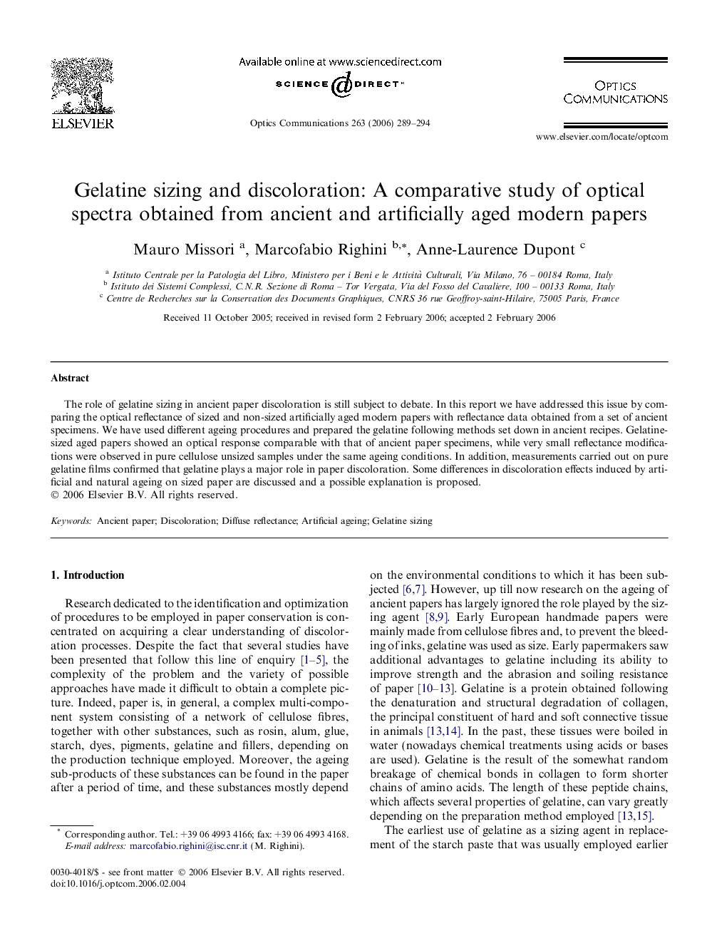 Gelatine sizing and discoloration: A comparative study of optical spectra obtained from ancient and artificially aged modern papers