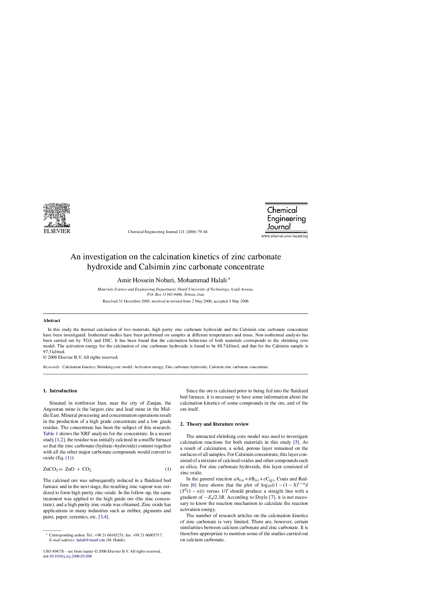 An investigation on the calcination kinetics of zinc carbonate hydroxide and Calsimin zinc carbonate concentrate