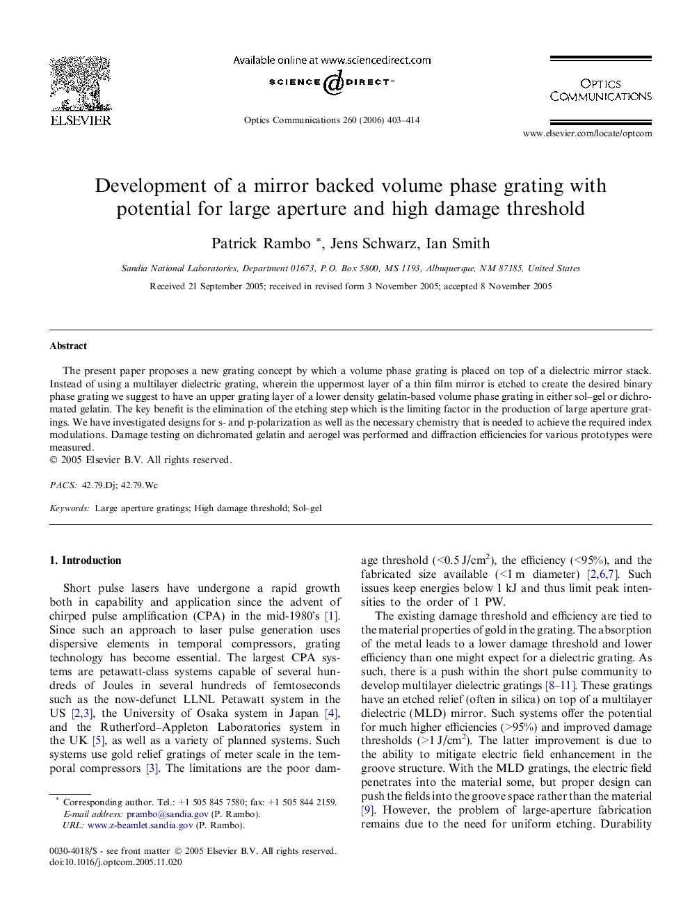 عکس صفحه اول مقاله: Development of a mirror backed volume phase grating with potential for large aperture and high damage threshold Development of a mirror backed volume phase grating with potential for large aperture and high damage threshold