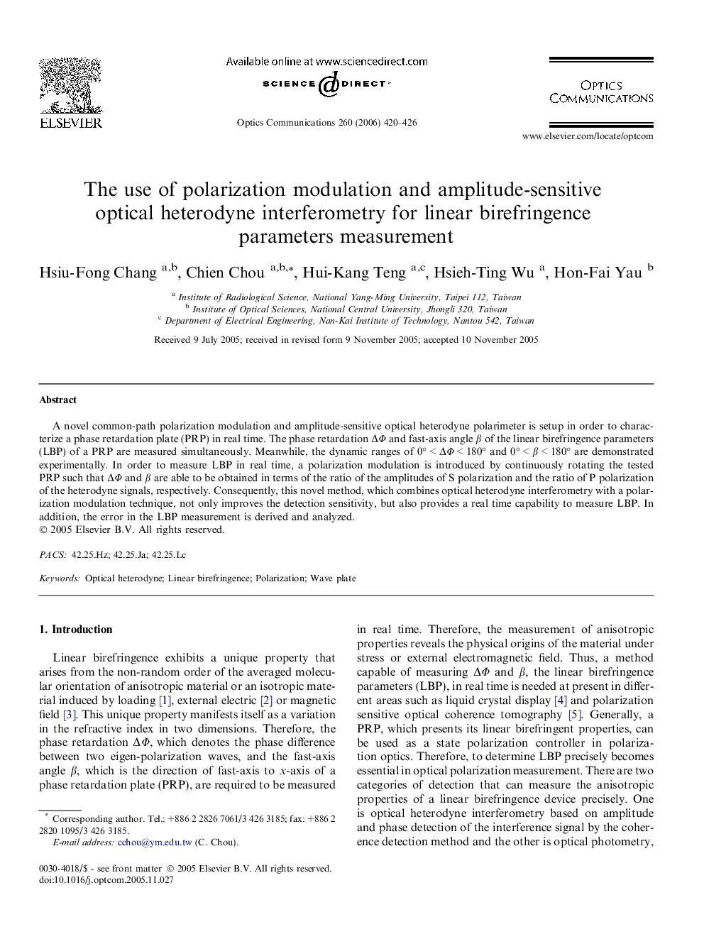 The use of polarization modulation and amplitude-sensitive optical heterodyne interferometry for linear birefringence parameters measurement