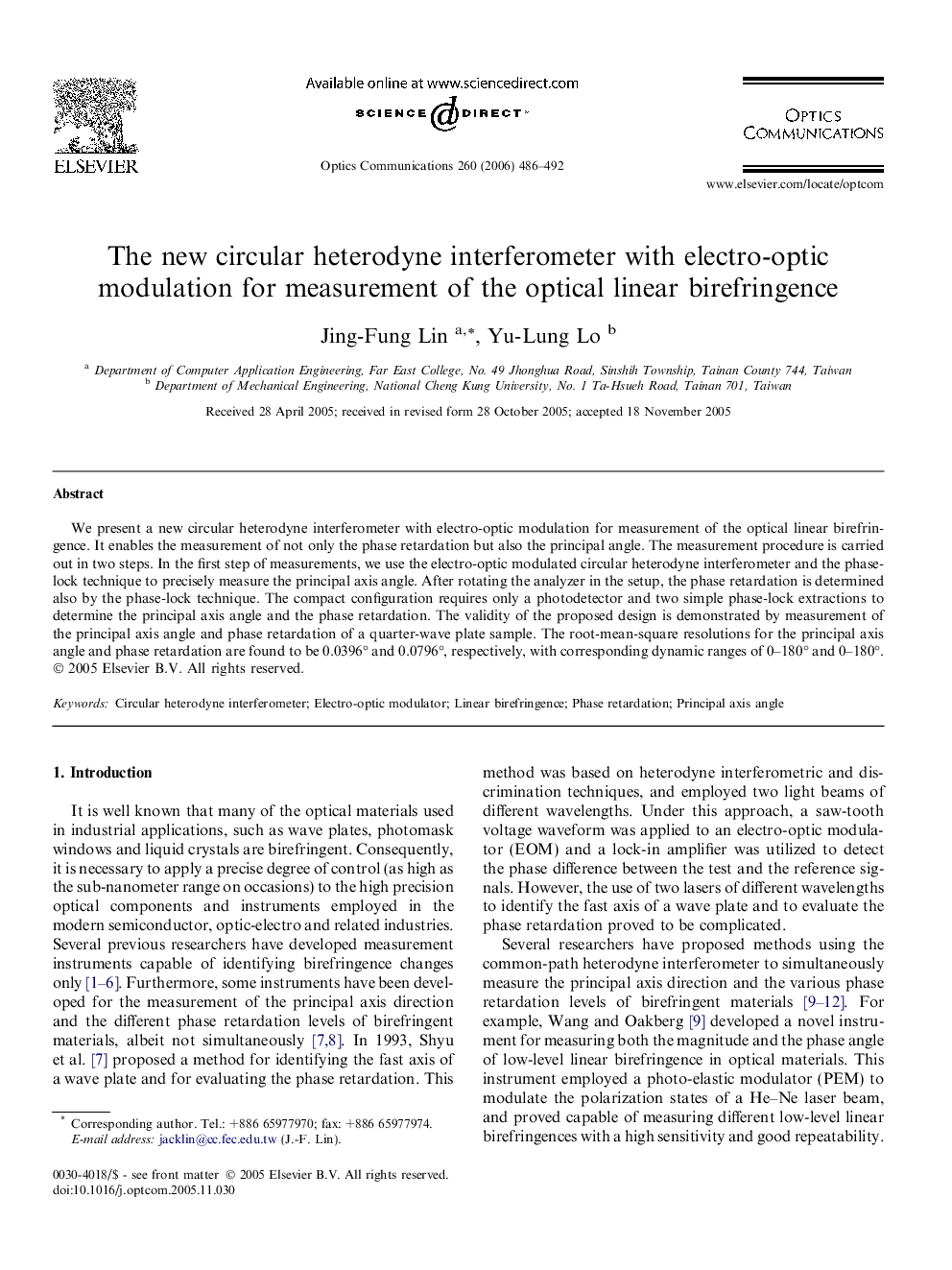 The new circular heterodyne interferometer with electro-optic modulation for measurement of the optical linear birefringence