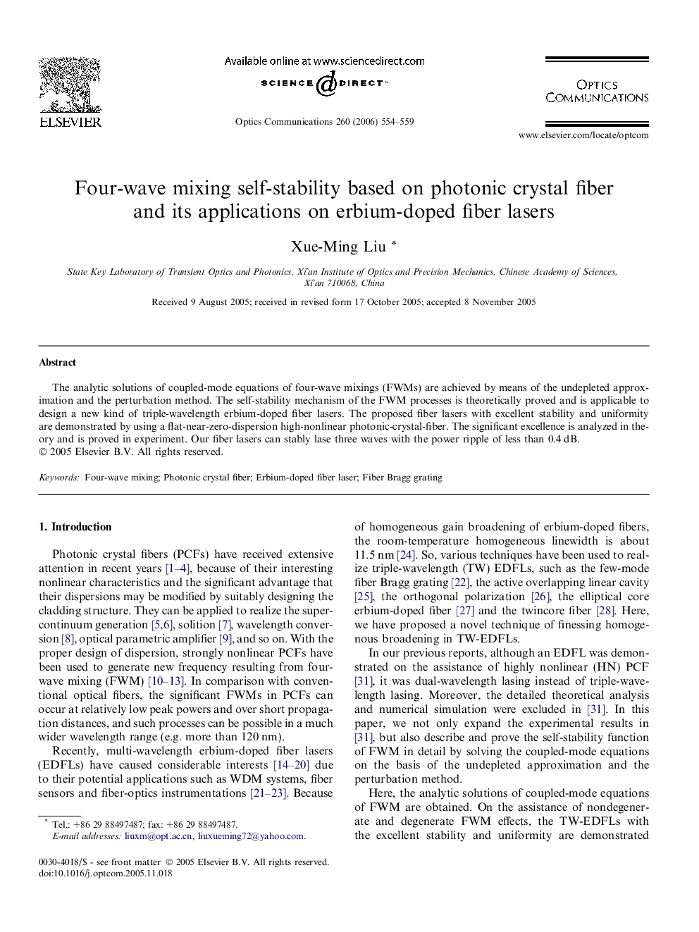 Four-wave mixing self-stability based on photonic crystal fiber and its applications on erbium-doped fiber lasers