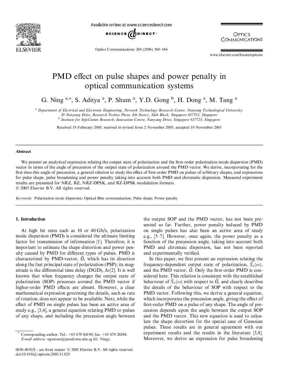 PMD effect on pulse shapes and power penalty in optical communication systems