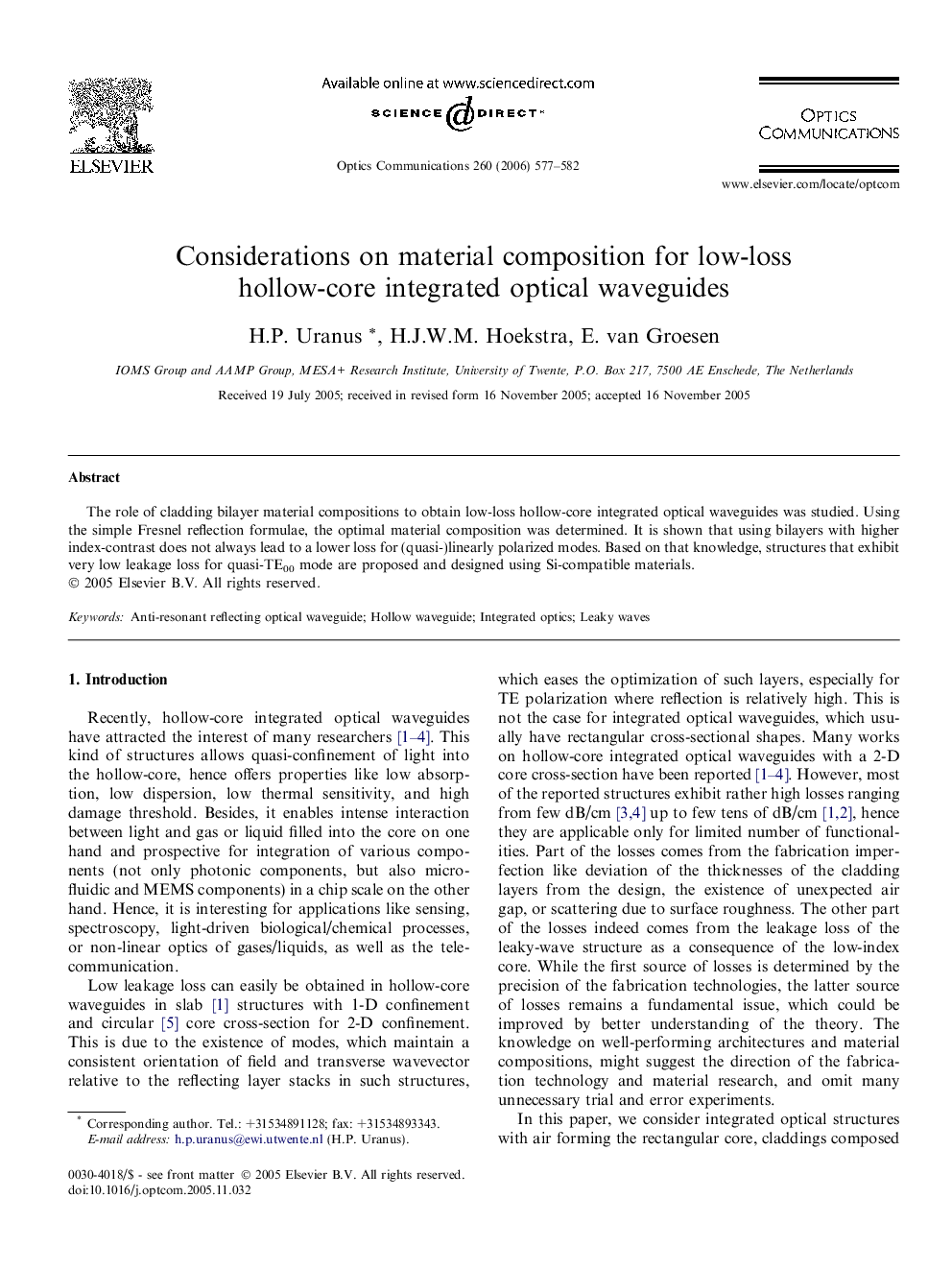 Considerations on material composition for low-loss hollow-core integrated optical waveguides