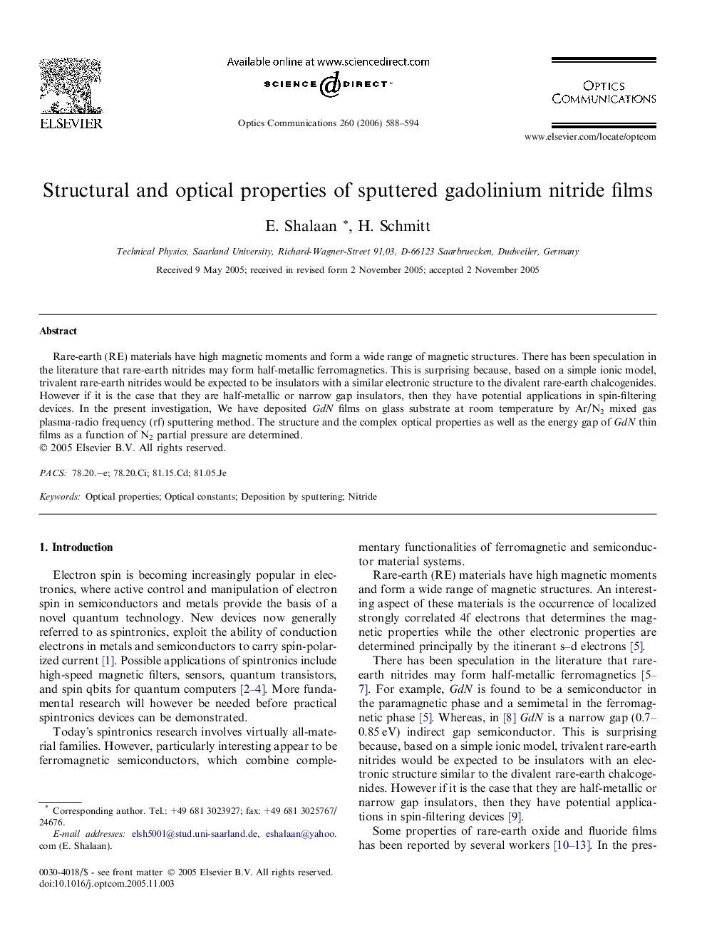 Structural and optical properties of sputtered gadolinium nitride films