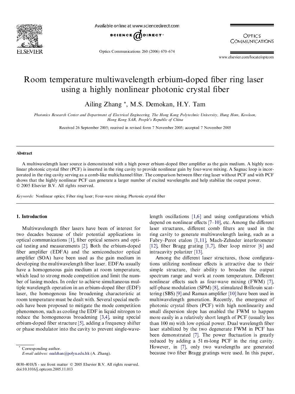 Room temperature multiwavelength erbium-doped fiber ring laser using a highly nonlinear photonic crystal fiber