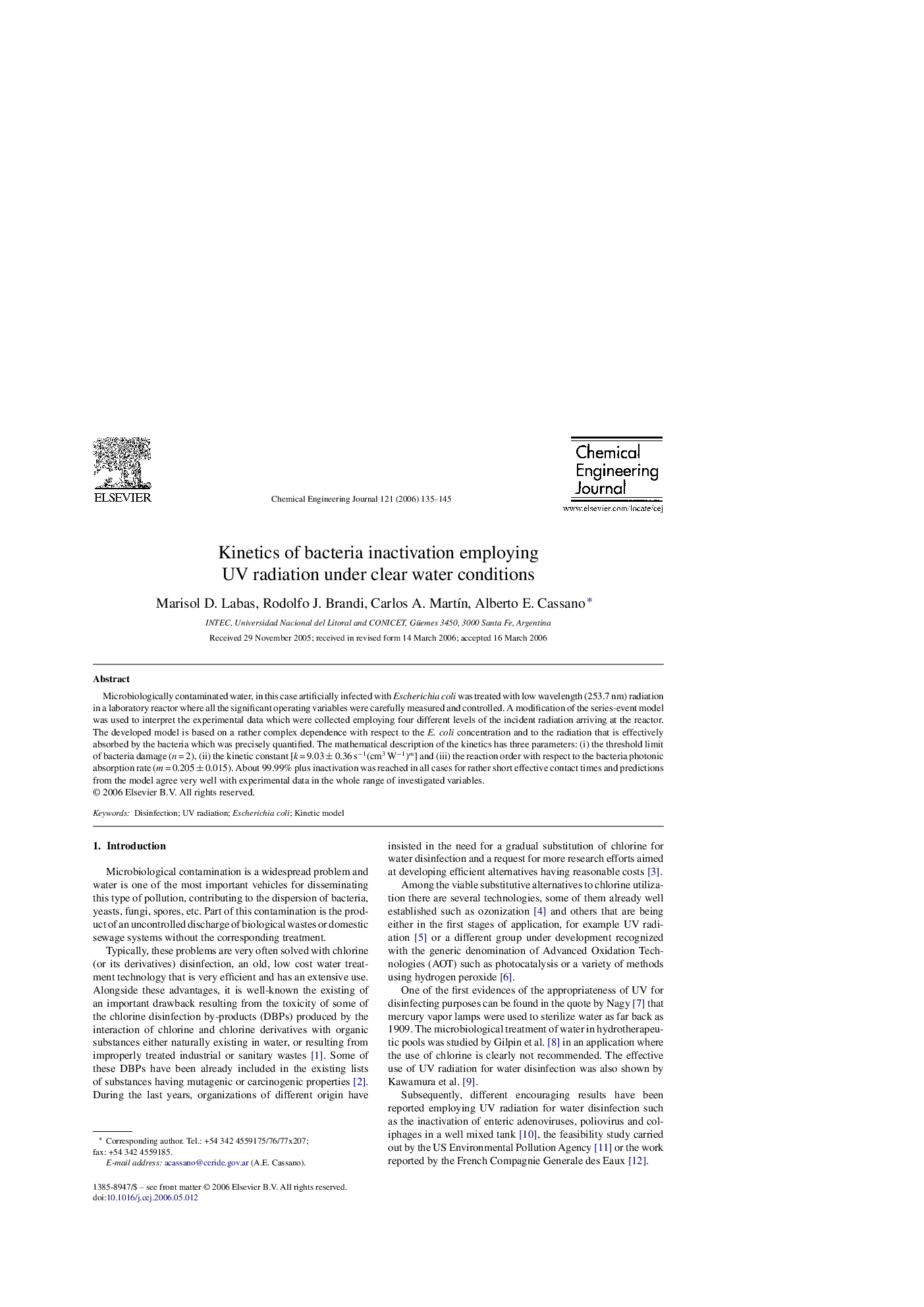 Kinetics of bacteria inactivation employing UV radiation under clear water conditions