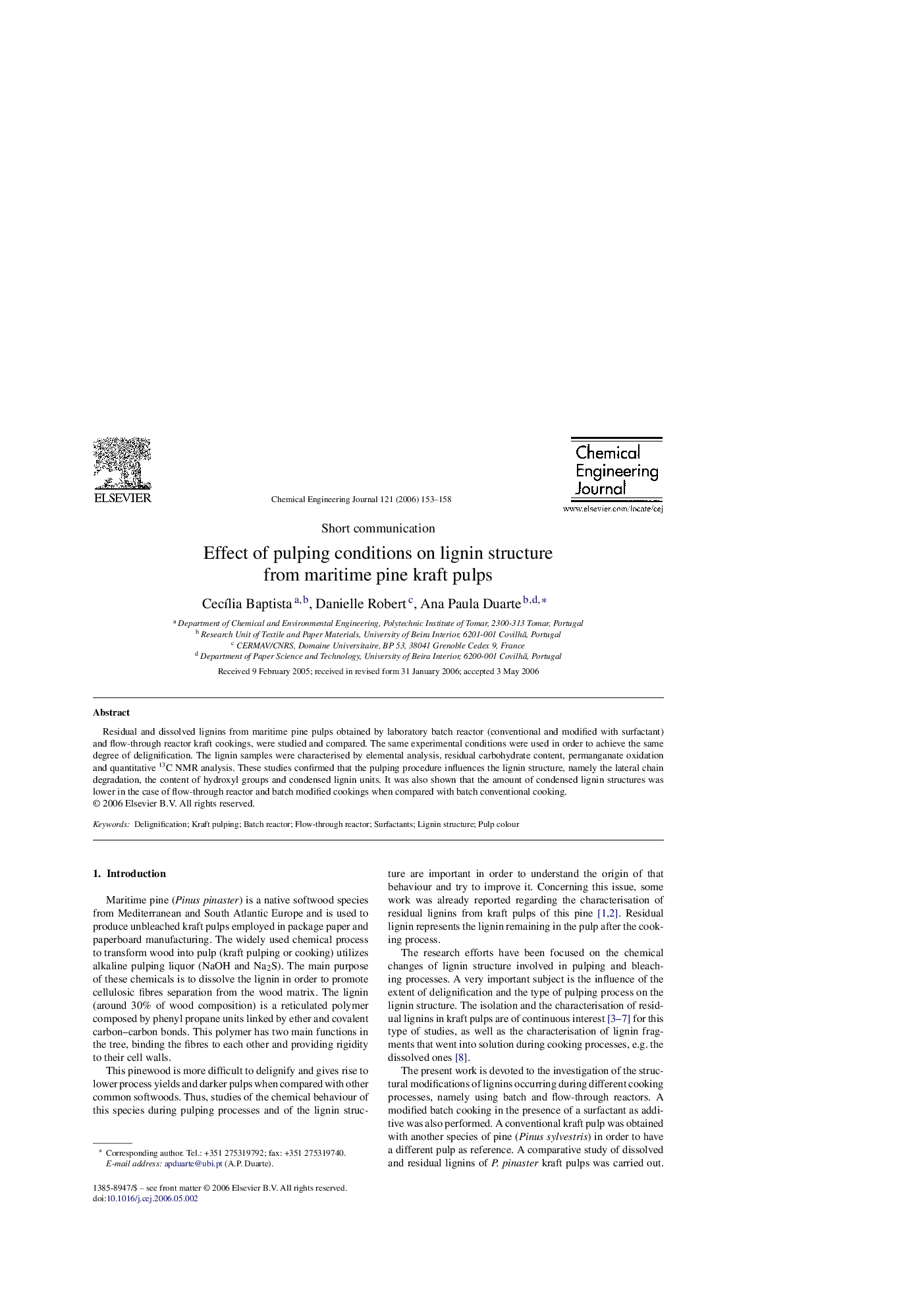 عکس صفحه اول مقاله: Effect of pulping conditions on lignin structure from maritime pine kraft pulps Effect of pulping conditions on lignin structure from maritime pine kraft pulps
