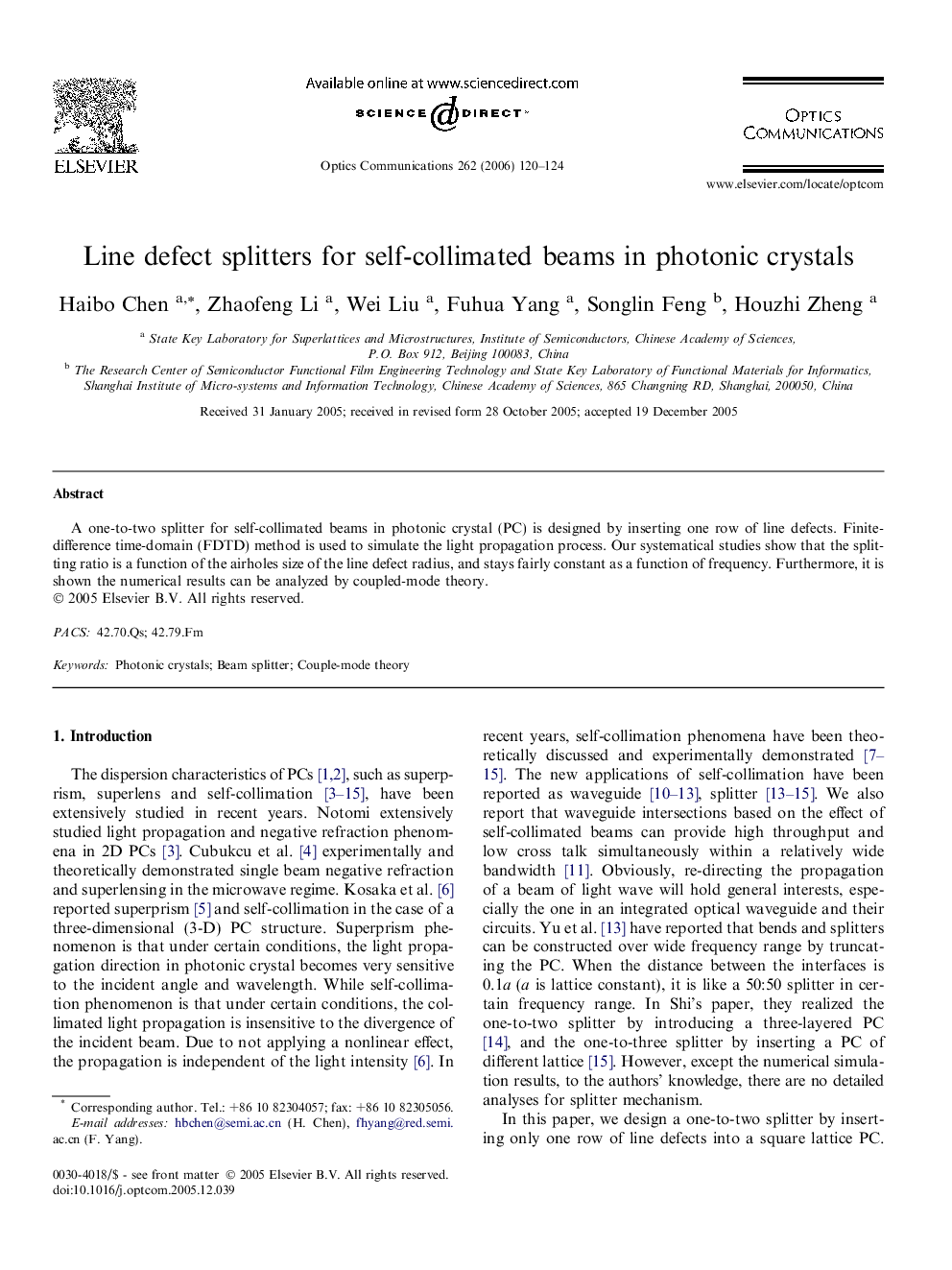 Line defect splitters for self-collimated beams in photonic crystals