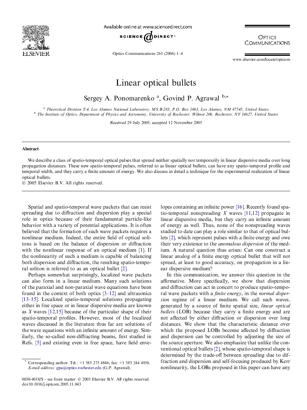 Linear optical bullets