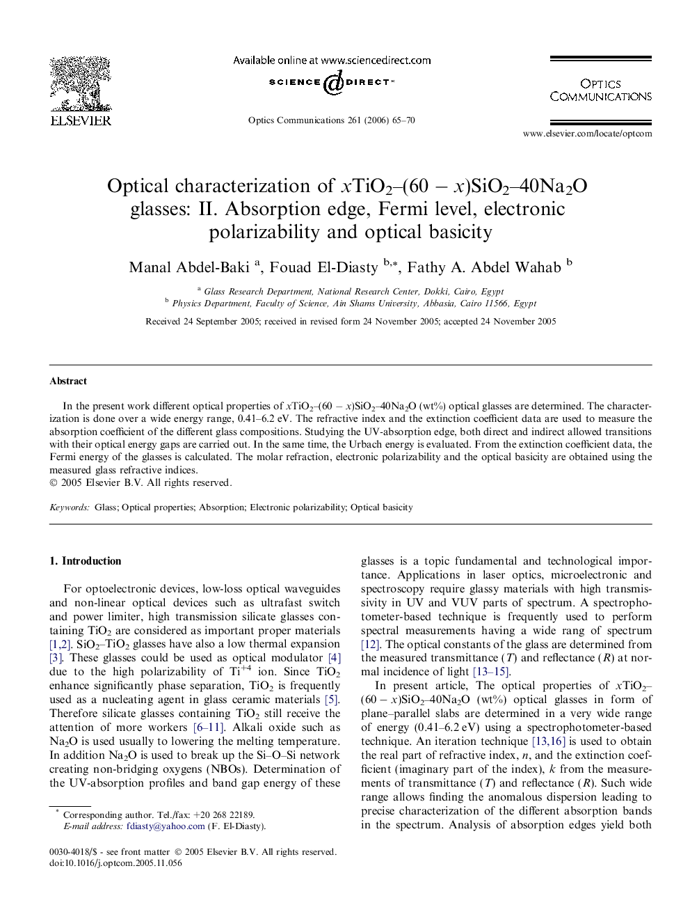 Optical characterization of xTiO2–(60 − x)SiO2–40Na2O glasses: II. Absorption edge, Fermi level, electronic polarizability and optical basicity