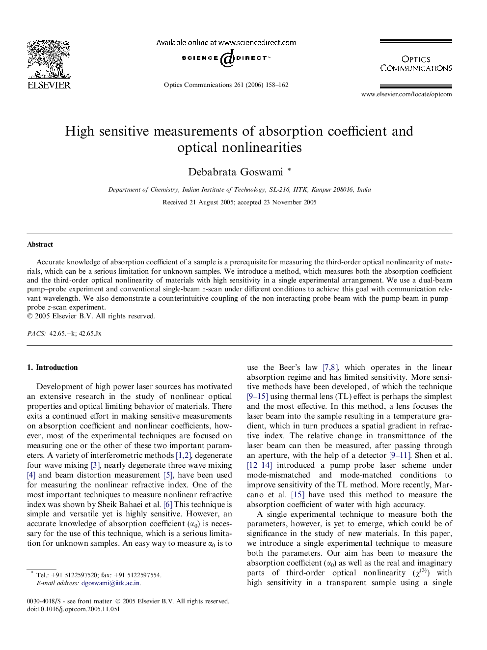 عکس صفحه اول مقاله: High sensitive measurements of absorption coefficient and optical nonlinearities High sensitive measurements of absorption coefficient and optical nonlinearities