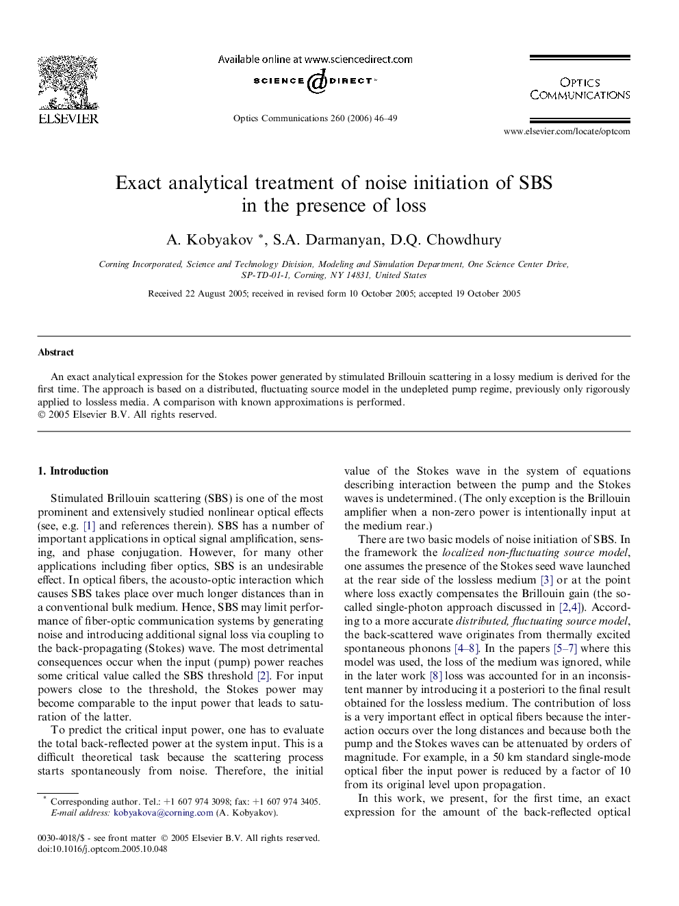 Exact analytical treatment of noise initiation of SBS in the presence of loss