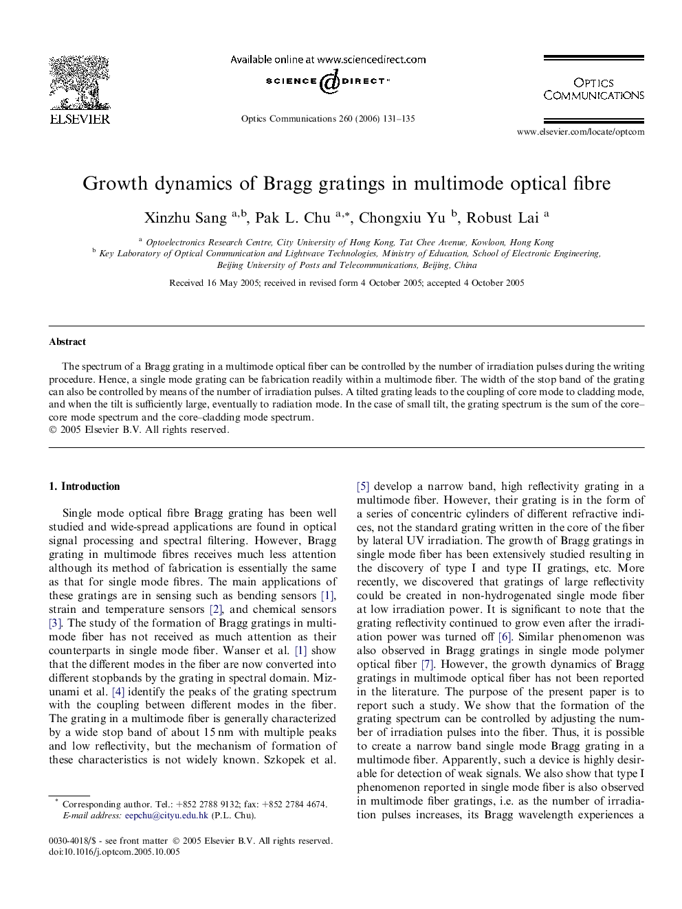 عکس صفحه اول مقاله: Growth dynamics of Bragg gratings in multimode optical fibre Growth dynamics of Bragg gratings in multimode optical fibre