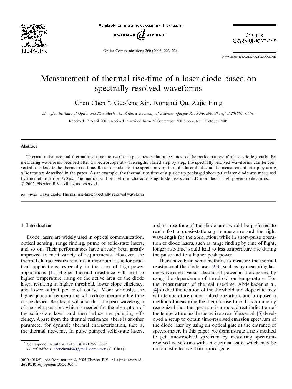 عکس صفحه اول مقاله: Measurement of thermal rise-time of a laser diode based on spectrally resolved waveforms Measurement of thermal rise-time of a laser diode based on spectrally resolved waveforms