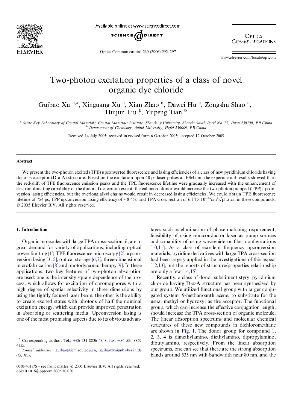 عکس صفحه اول مقاله: Two-photon excitation properties of a class of novel organic dye chloride Two-photon excitation properties of a class of novel organic dye chloride