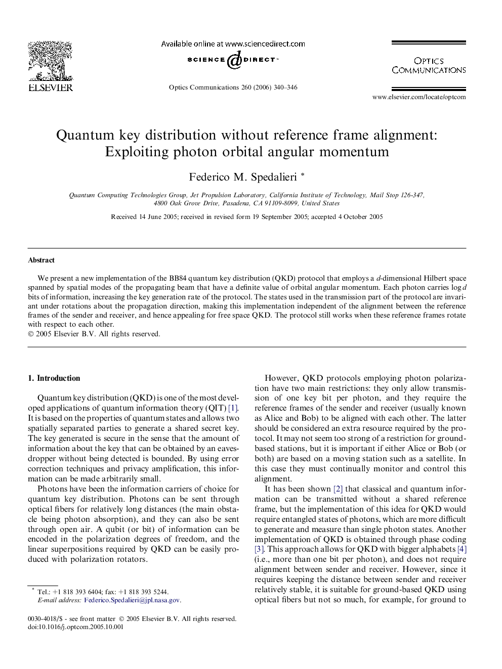 عکس صفحه اول مقاله: Quantum key distribution without reference frame alignment: Exploiting photon orbital angular momentum Quantum key distribution without reference frame alignment: Exploiting photon orbital angular momentum