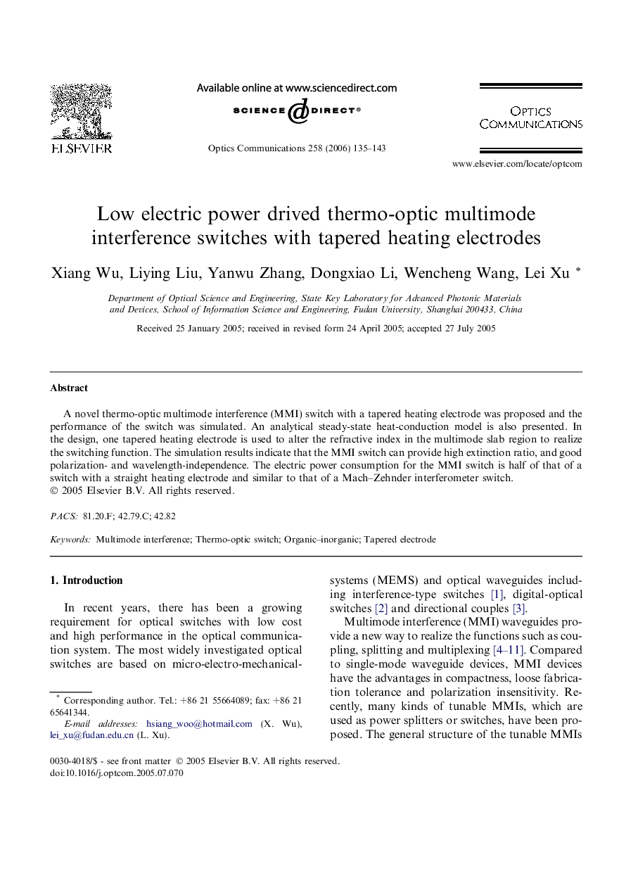 Low electric power drived thermo-optic multimode interference switches with tapered heating electrodes