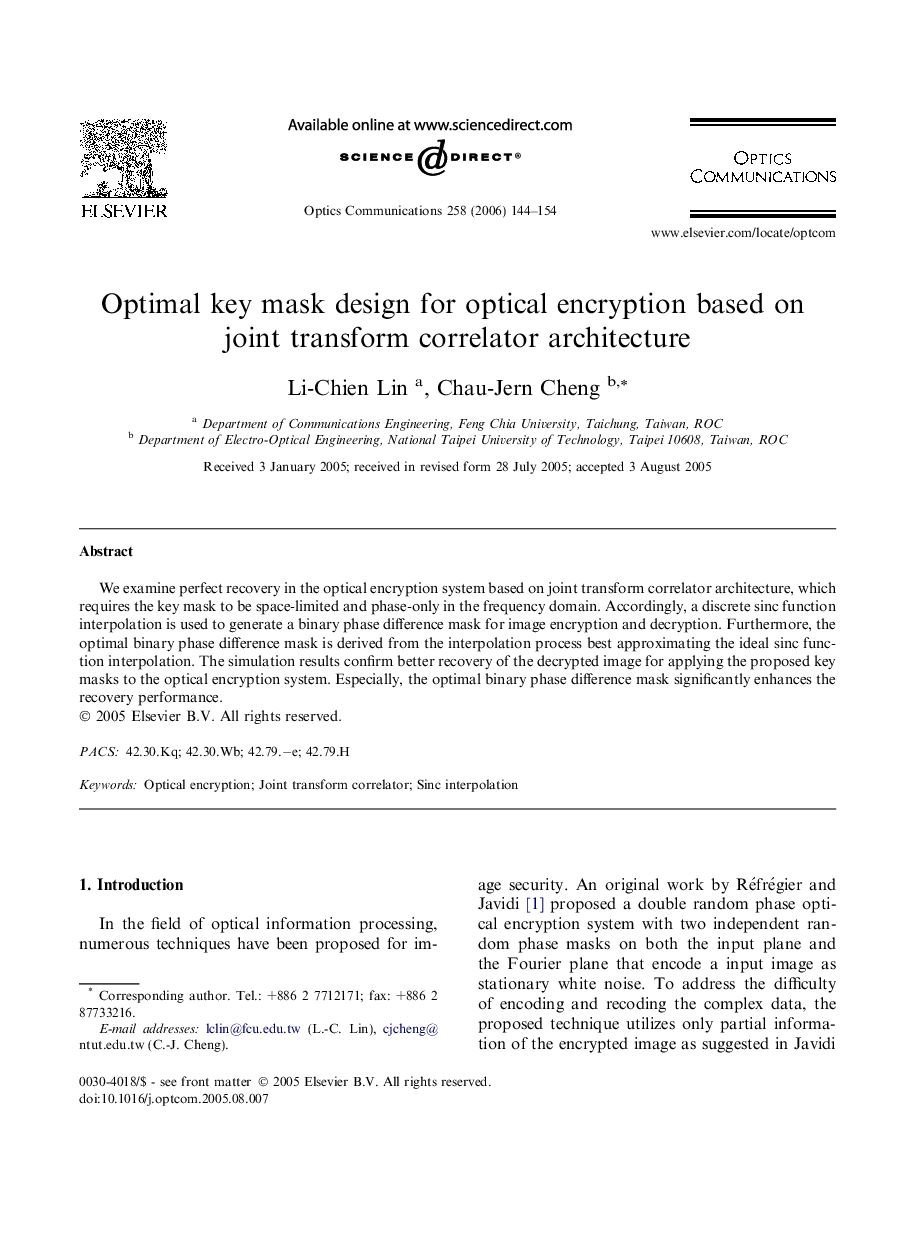 Optimal key mask design for optical encryption based on joint transform correlator architecture