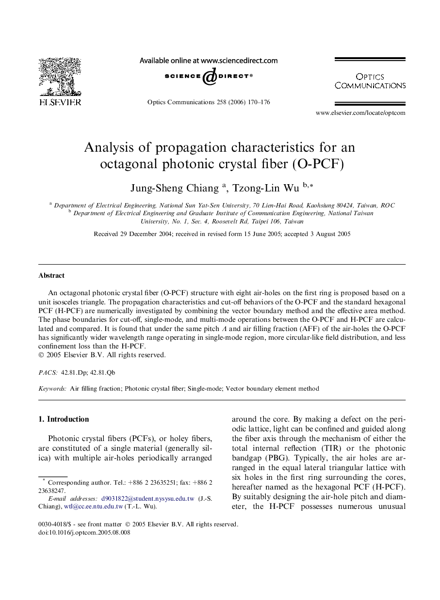 Analysis of propagation characteristics for an octagonal photonic crystal fiber (O-PCF)