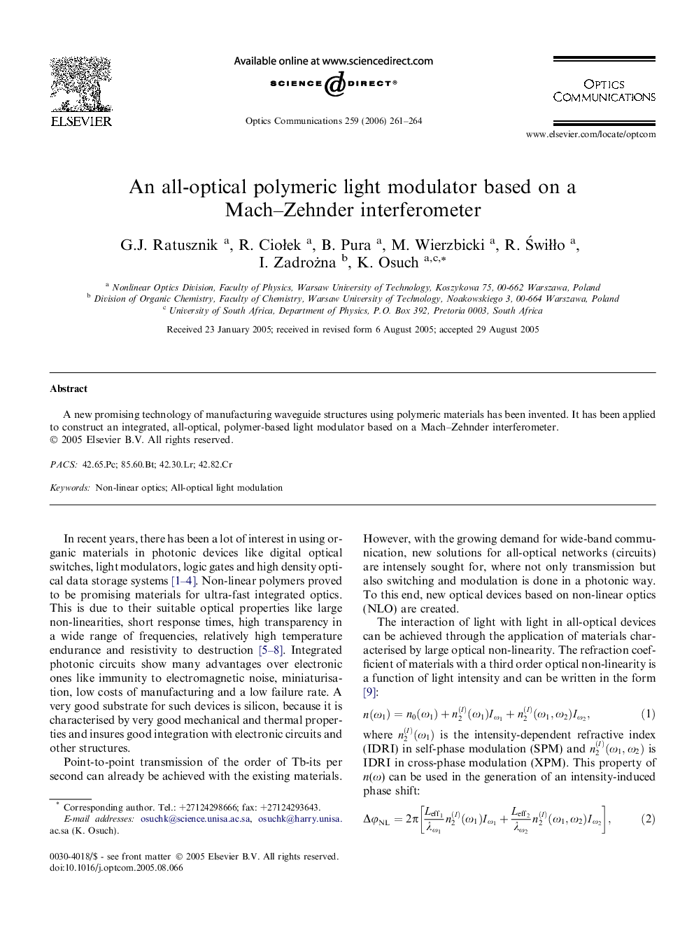 An all-optical polymeric light modulator based on a Mach–Zehnder interferometer