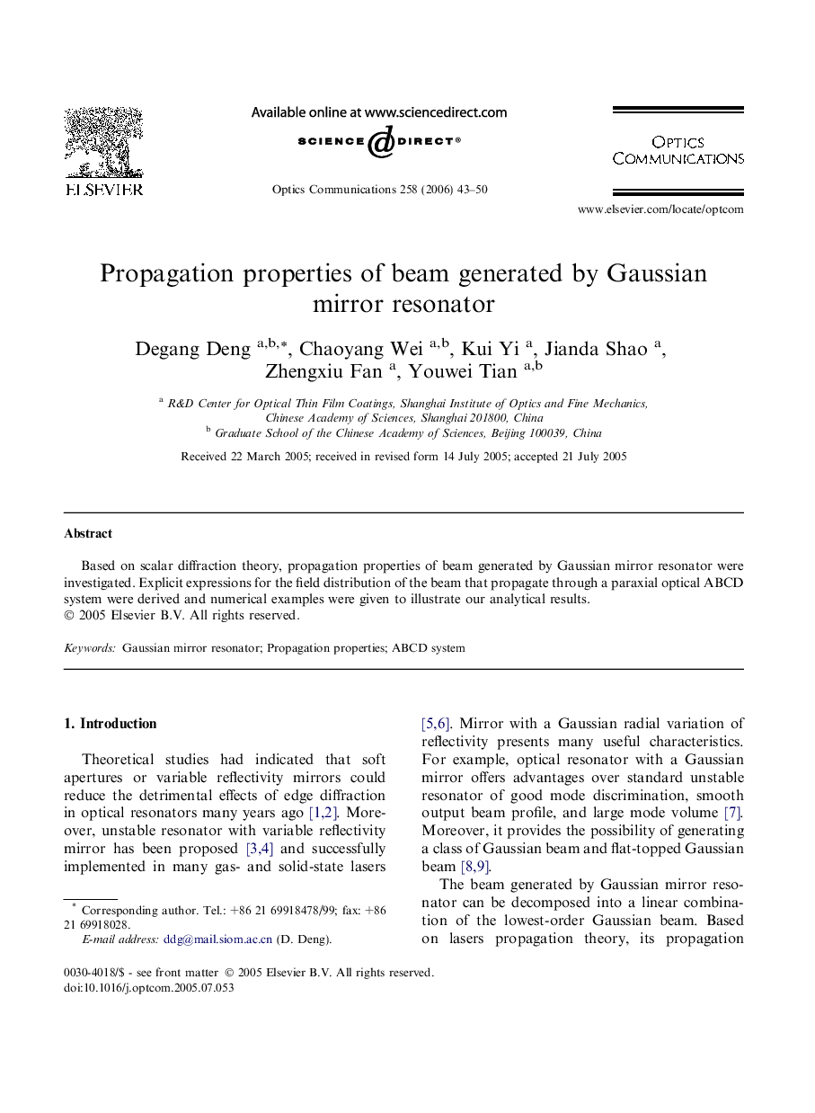 Propagation properties of beam generated by Gaussian mirror resonator