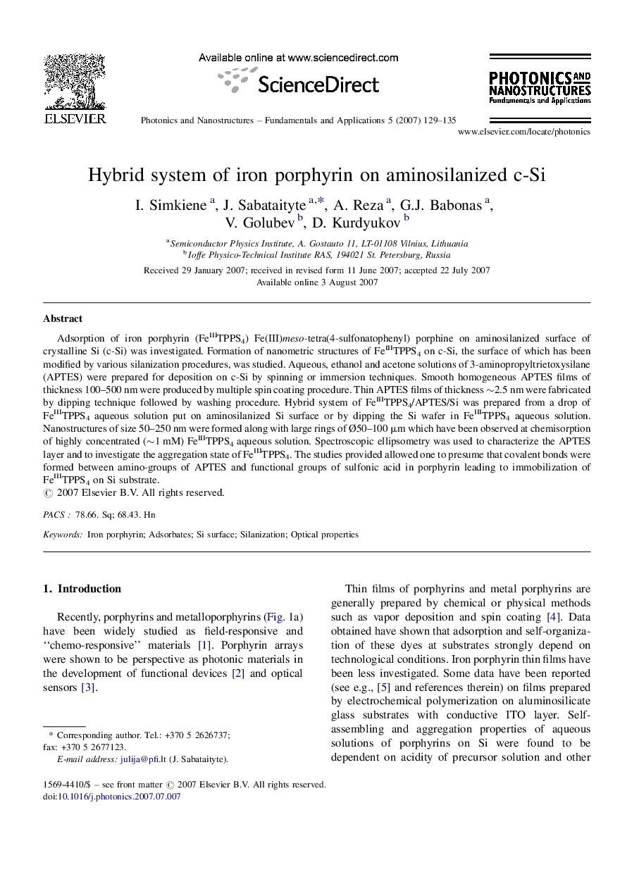 Hybrid system of iron porphyrin on aminosilanized c-Si