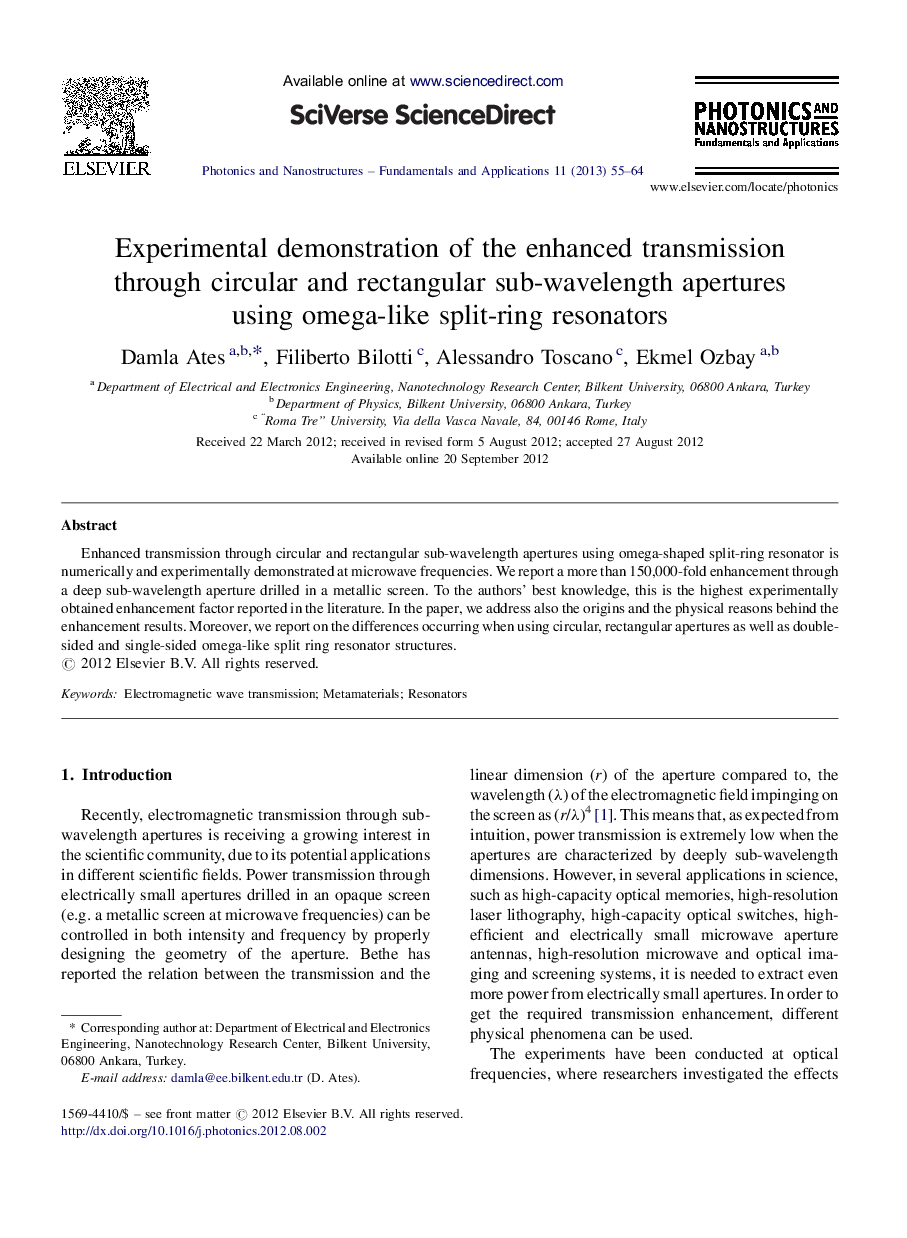 Experimental demonstration of the enhanced transmission through circular and rectangular sub-wavelength apertures using omega-like split-ring resonators