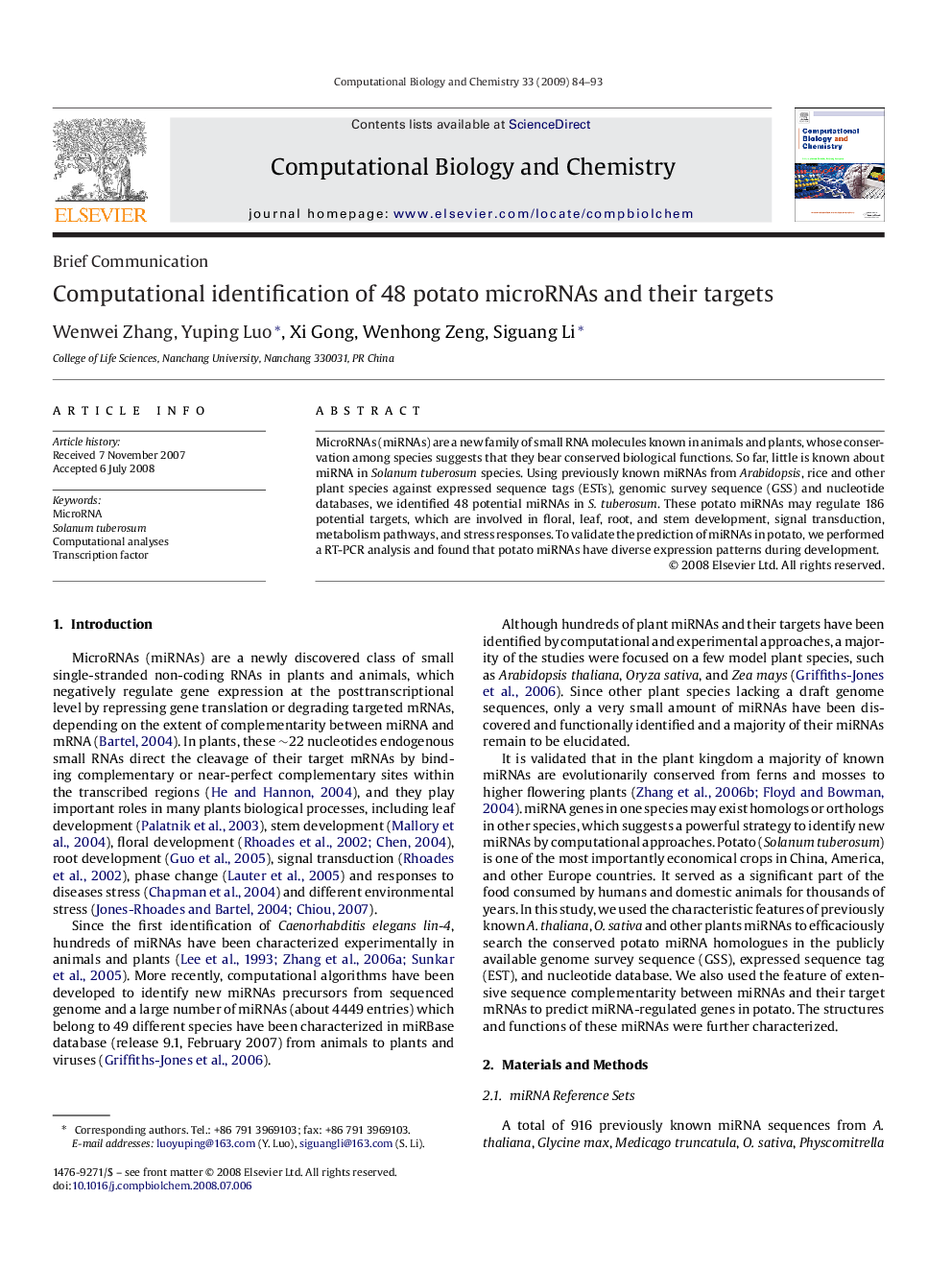 Computational identification of 48 potato microRNAs and their targets