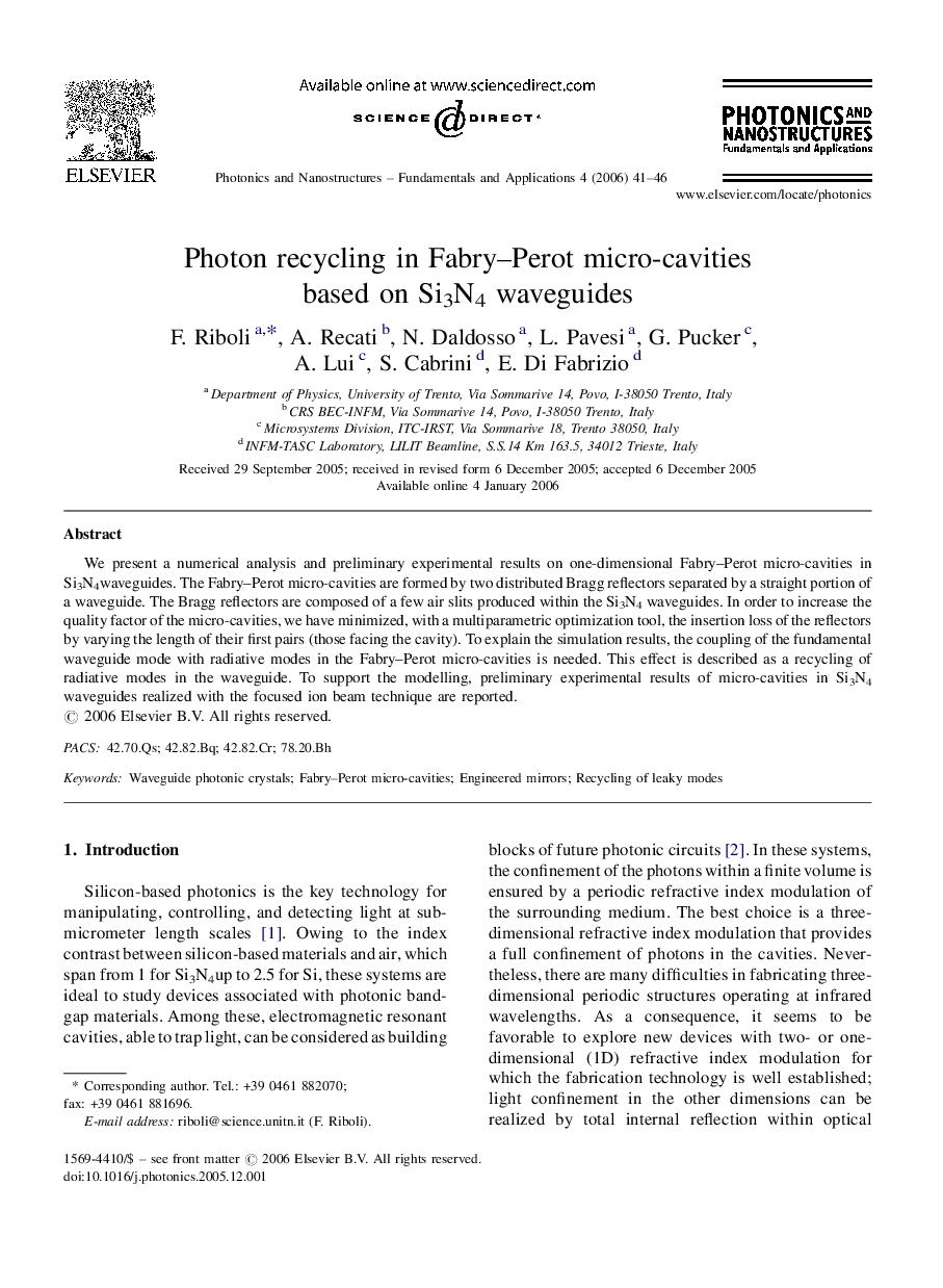 Photon recycling in Fabry–Perot micro-cavities based on Si3N4 waveguides