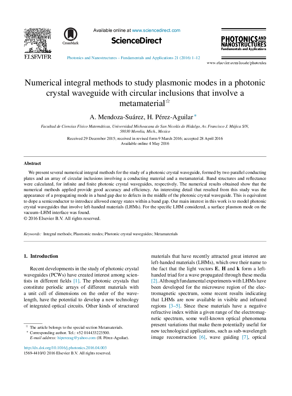 Numerical integral methods to study plasmonic modes in a photonic crystal waveguide with circular inclusions that involve a metamaterial 