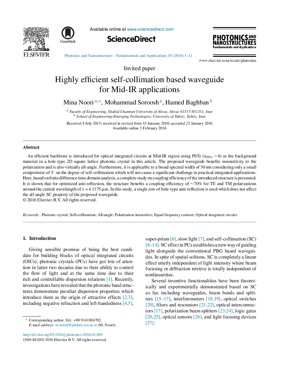 Highly efficient self-collimation based waveguide for Mid-IR applications