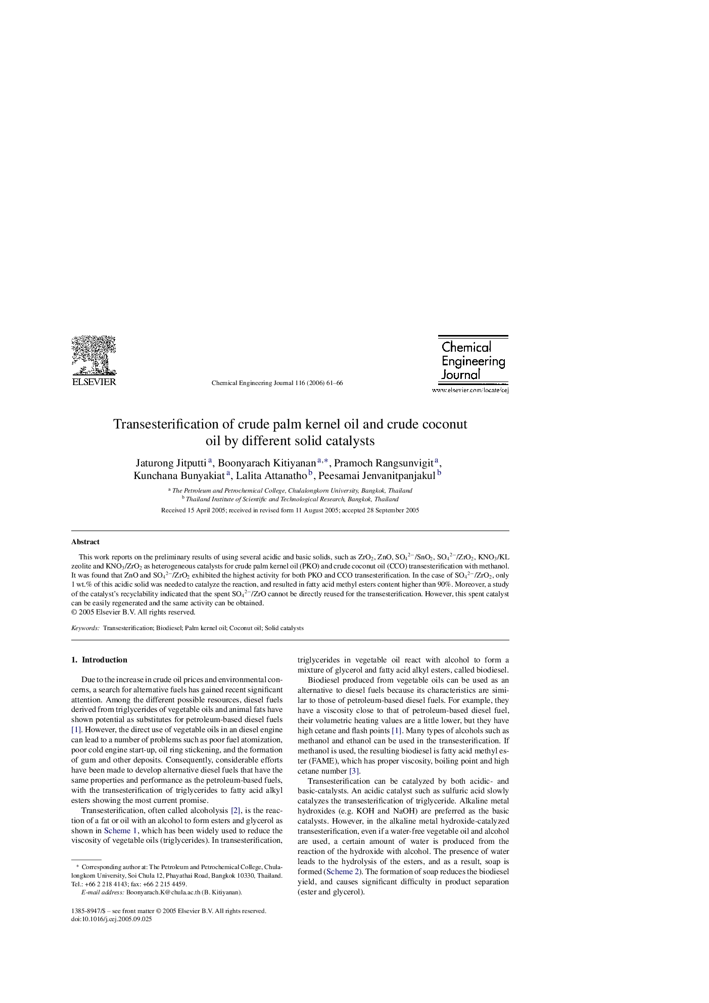 عکس صفحه اول مقاله: Transesterification of crude palm kernel oil and crude coconut oil by different solid catalysts Transesterification of crude palm kernel oil and crude coconut oil by different solid catalysts