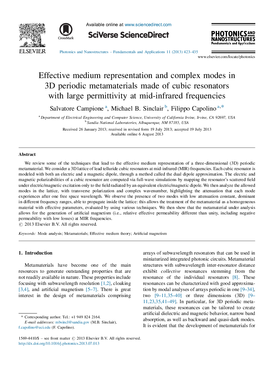 Effective medium representation and complex modes in 3D periodic metamaterials made of cubic resonators with large permittivity at mid-infrared frequencies