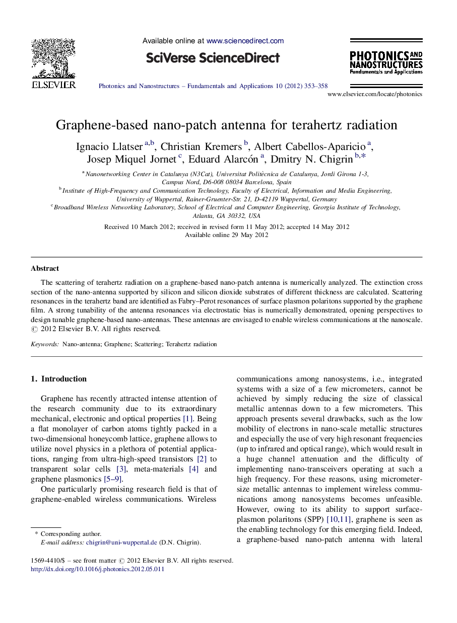 Graphene-based nano-patch antenna for terahertz radiation