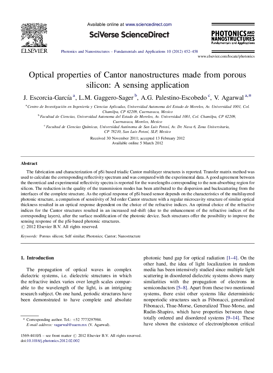 Optical properties of Cantor nanostructures made from porous silicon: A sensing application