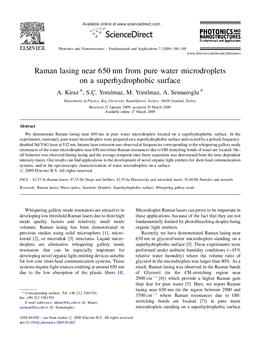 Raman lasing near 650 nm from pure water microdroplets on a superhydrophobic surface