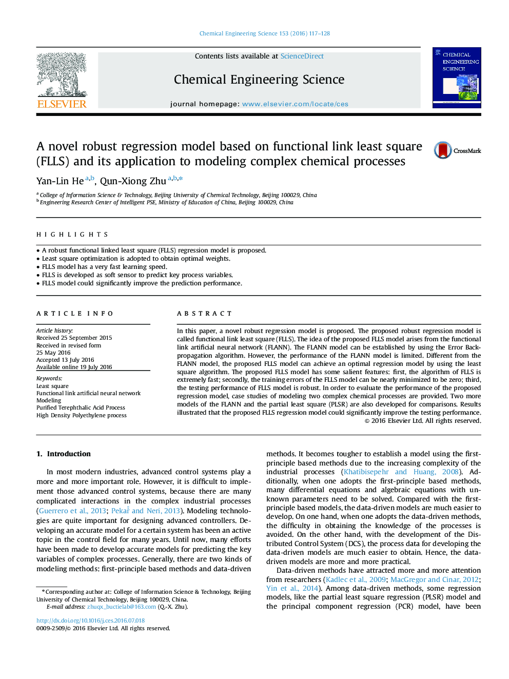 A novel robust regression model based on functional link least square (FLLS) and its application to modeling complex chemical processes